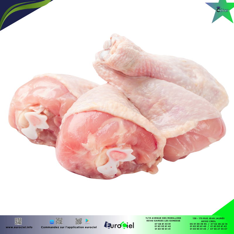Pilon de poulet entier congelé en vrac, prêt pour la cuisson.
